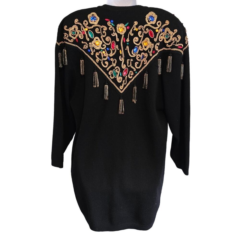 Vintage Diane Freis Jeweled Tasseled Embroidered Black Wool Cardigan Size L/XL